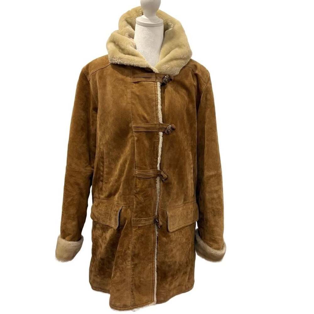 Genuine Suede Leather Shearling Toggle Hooded Brown Coat Western Heritage M